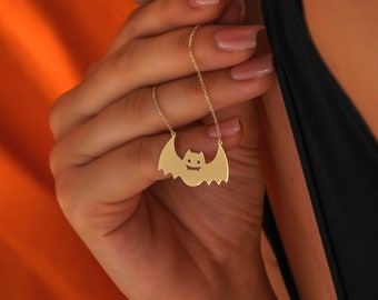 14k Gold Halloween Bat Charm Necklace ∙ Dainty Bat Halloween Charm ∙ Minimalist Halloween Jewelry Gift for Her ∙ Silver Rose Bat Pendant