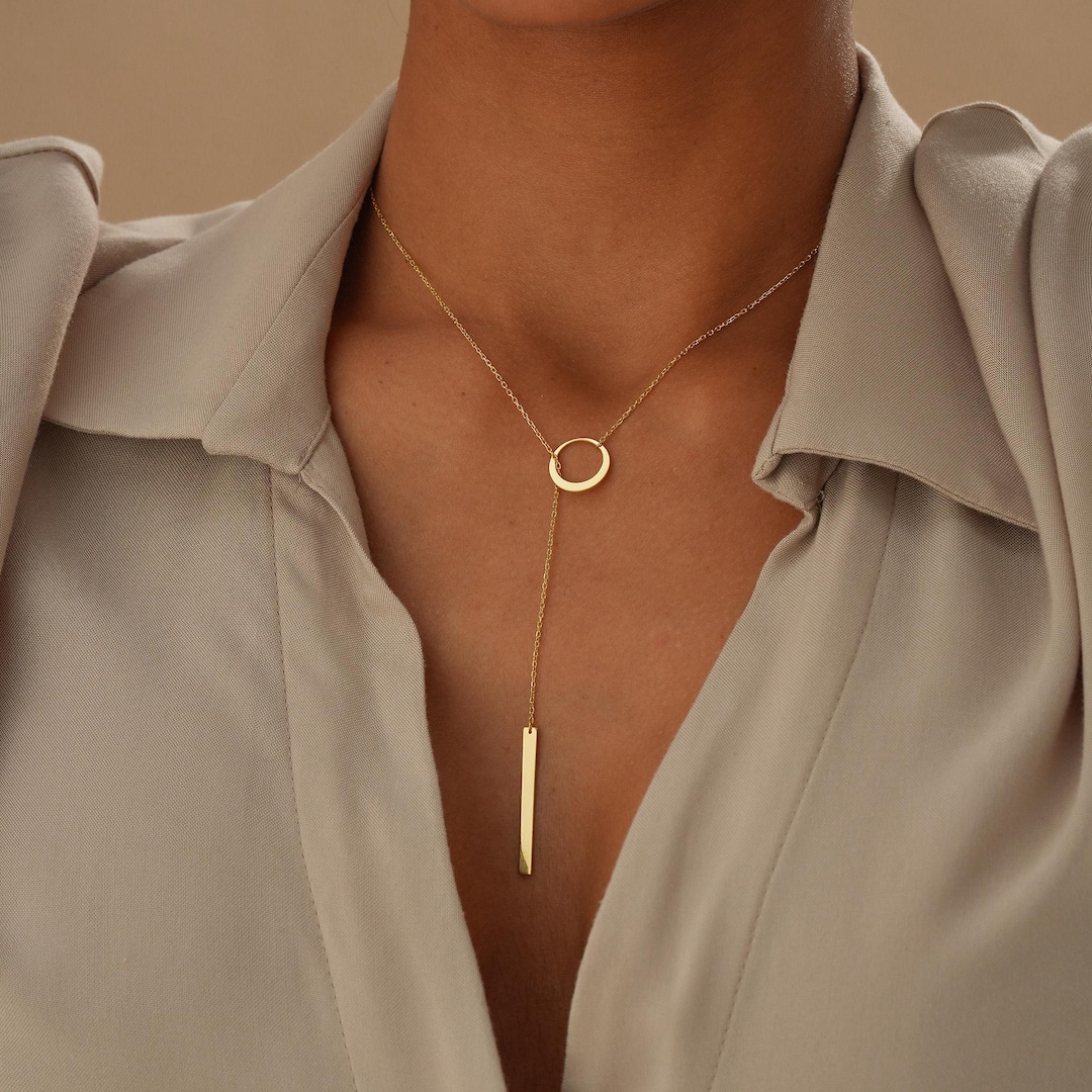 Circle and Bar Lariat Necklace in Gold, Dainty Y Necklace for Women, Modern Drop Bar Pendant, Chic Jewelry Gift for Her, Elegant Lariat Gift - Etsy UK