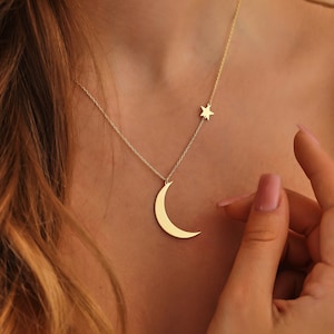 14k Gold Moon and Star Necklace ∙ Gold Crescent Star Charm ∙ Celestial Necklace ∙ Moon & Star Pendant ∙ Dainty Anniversary Gift for Her