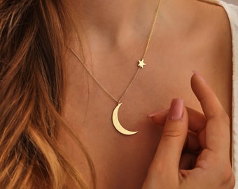 14k Gold Moon and Star Necklace ∙ Gold Crescent Star Charm ∙ Celestial Necklace ∙ Moon & Star Pendant ∙ Dainty Anniversary Gift for Her