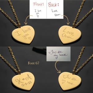 May include: Gold-colored heart-shaped pendant necklaces with engraved messages. One pendant reads "I love you" and another says "You are my home." The third pendant has the initials "K & A" and the date "12-8-23."