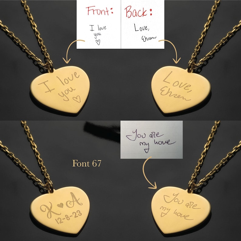 May include: Gold-colored heart-shaped pendant necklaces with engraved messages. One pendant reads "I love you" and another says "You are my home." The third pendant has the initials "K & A" and the date "12-8-23."