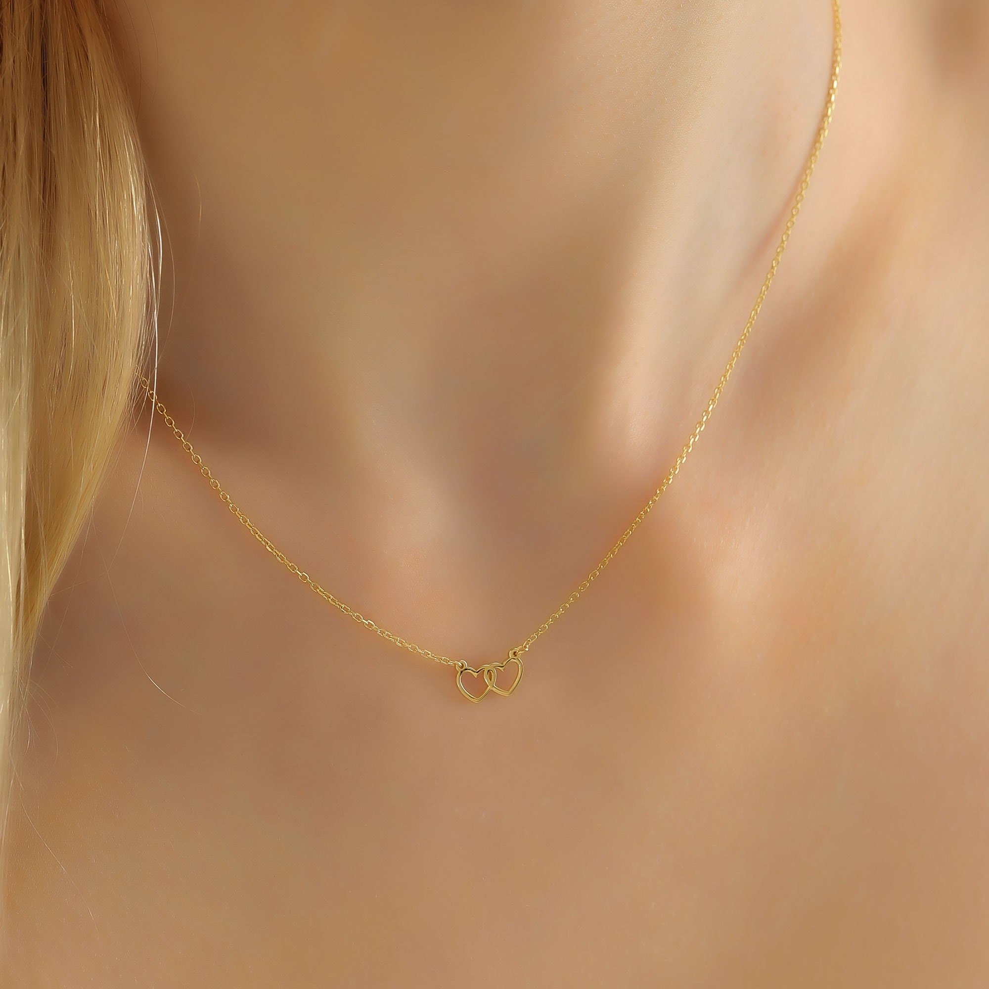 14k Gold Minimalist Double Heart Necklace ∙ Heart Link 14k Gold Minimalist Double Heart Necklace ∙ Heart Link