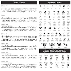 May include: A reference chart displaying various fonts and symbols. The font chart includes examples of different typefaces, including script and sans-serif styles, with corresponding uppercase and lowercase letters and numbers. The symbol chart features icons and emojis.