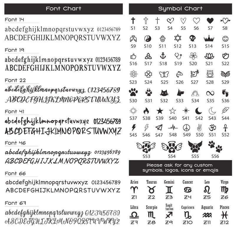 May include: A reference chart displaying various fonts and symbols. The font chart includes examples of different typefaces, including script and sans-serif styles, with corresponding uppercase and lowercase letters and numbers. The symbol chart features icons and emojis.