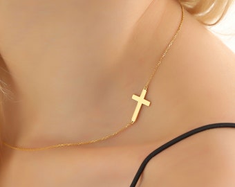 Gold Sideways Cross Necklace ∙ Silver Dainty Cross Pendant ∙ Small Gold Cross Necklace for Women ∙ Cross Confirmation Gift for Girls