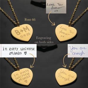May include: Gold-colored heart pendant necklaces with engraved messages. One pendant reads "B+M 12-8-23", another says "Love You forever xx", a third says "in every universe 09/05/23 ♡", and the last says "You are enough". The chains are gold.