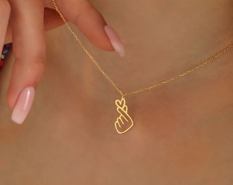 Gold Korean Finger Hearts Necklace ∙ Silver Love Heart Charm ∙ 14k Gold Heart Pendants ∙ Minimalist Kpop Fan Necklace ∙ Love Gift for Her