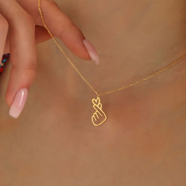 Gold koreanische Finger Herz Halskette ∙ Silber Liebe Herz Anhänger ∙ 14k Gold Herz Anhänger ∙ Minimalist Kpop Fan Halskette ∙ Liebe Geschenk für Sie