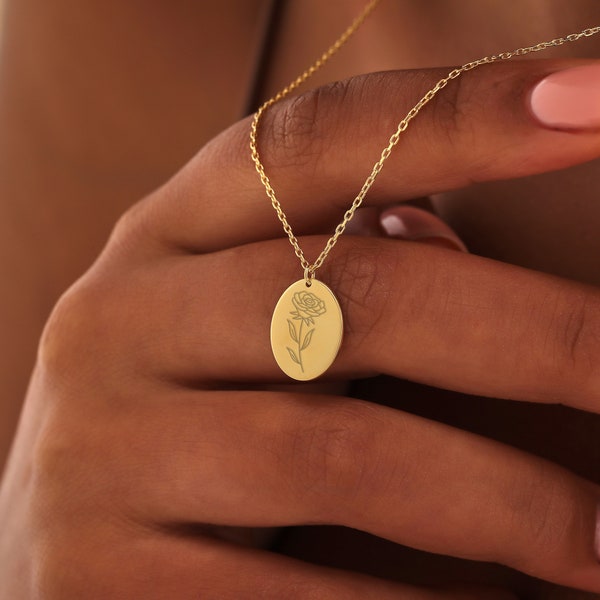 14k Gold Circle Disc Birth Flower Necklace • Coin Birthflower Disc Pendants •  Oval Disc Name Flower Necklace gift for Mom • Christmas Gift