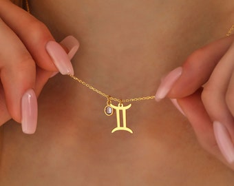 Sternzeichen Birthstone Halskette, 14k vergoldeter Astrologie-Anhänger, personalisierter Horoskop-Schmuck