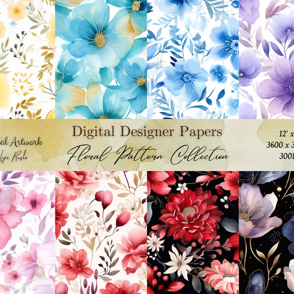 Floral Digitales Papier - Aquarell Scrapbook Papiere - Nahtlose Muster - Digitaler Hintergrund - Printable Paper Set - Florales Aquarell