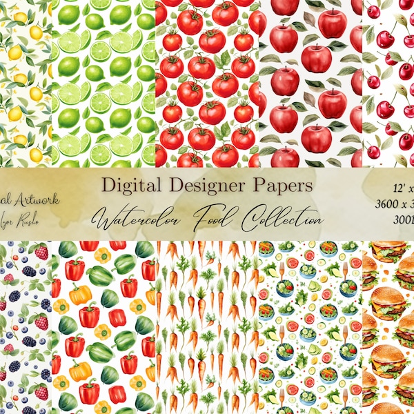 Food Digital Paper - Aquarell Scrapbook Papiere - Nahtlose Muster - Digitaler Hintergrund - Printable Paper Set - Food Watercolor