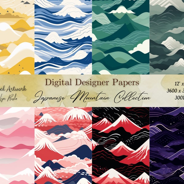 Japanische Berge Digitales Papier - Aquarell Scrapbook Papiere - Nahtlose Muster - Digitaler Hintergrund - Printable Paper Set - Berge