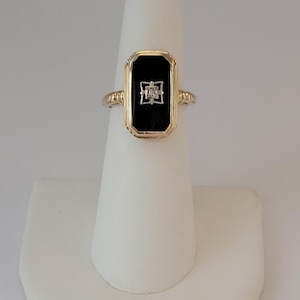 14K Gold Onyx Diamond Ring, Oblong Onyx Ring, Ladies Onyx Ring