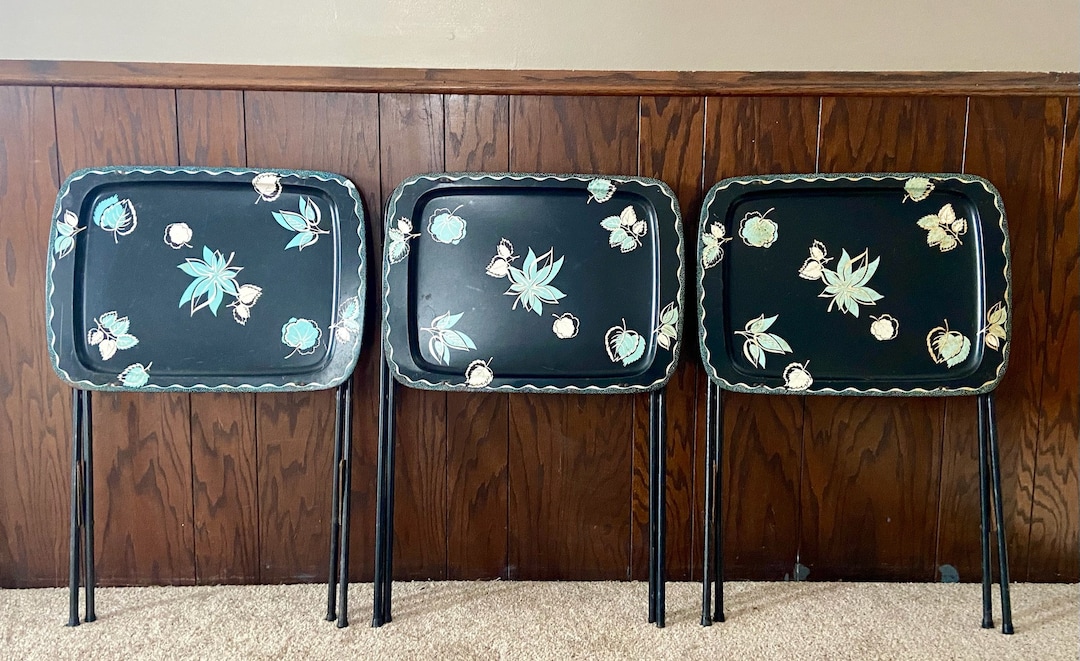 Vintage Metal Folding TV Tables MCM Set of 3 Mod Leaf Print Etsy
