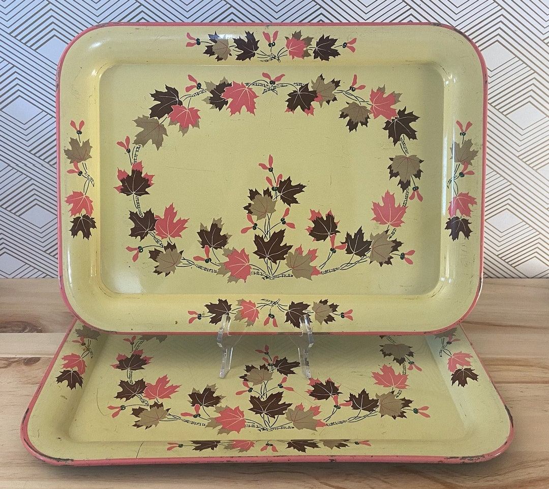 Vintage MCM Metal TV Lap Serving Trays Pink Brown and Yellow Maple Leaf