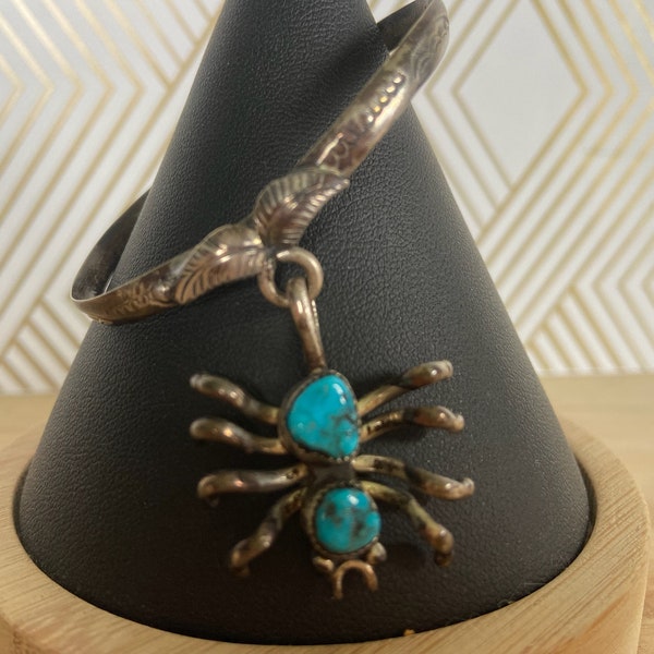 Vintage Navajo Turquoise Spider Sterling Silver Bracelet Signed Harrison Yazzie