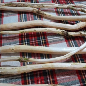 May include: A collection of smooth, light brown wooden sticks with a slight curve. The sticks are arranged in a criss-cross pattern on a red and white plaid fabric.