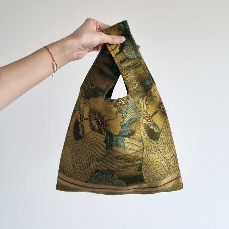 Japanese Handbag Made From Vintage Kimono Obi Belt, Sacoche Tote Shoulder, Silk, Green zdjęcie 3