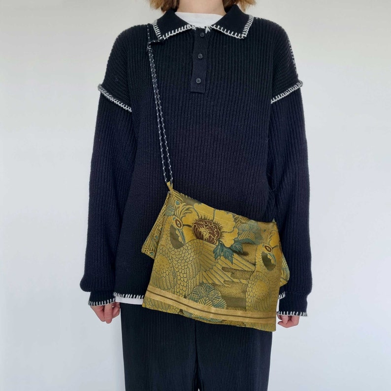 Japanese Handbag Made From Vintage Kimono Obi Belt, Sacoche Tote Shoulder, Silk, Green zdjęcie 6