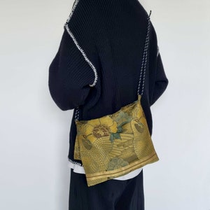Japanese Handbag Made From Vintage Kimono Obi Belt, Sacoche Tote Shoulder, Silk, Green zdjęcie 7