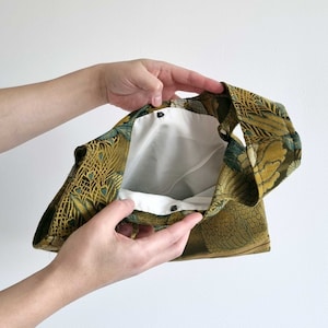 Japanese Handbag Made From Vintage Kimono Obi Belt, Sacoche Tote Shoulder, Silk, Green zdjęcie 4