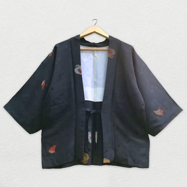 Japanese Haori Jacket - Vintage Kimono with embroidery design, Black