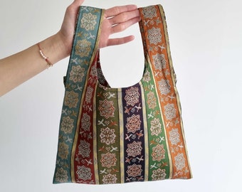 Japanese Handbag Made From Vintage Kimono Obi Belt, Sacoche Tote Shoulder, Silk, Multi colour