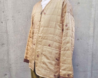 Japanese Quilt Jacket Made From Vintage Kimono, Oversized Padded Liner, Hanten Haori Coat, Silk, Woman Man Unisex, Beige