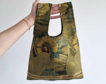 Japanese Handbag Made From Vintage Kimono Obi Belt, Sacoche Tote Shoulder, Silk, Green