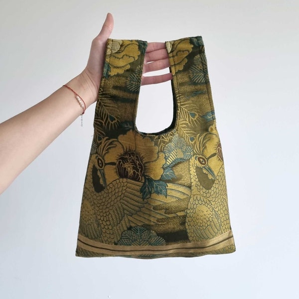 Japanese Handbag Made From Vintage Kimono Obi Belt, Sacoche Tote Shoulder, Silk, Green