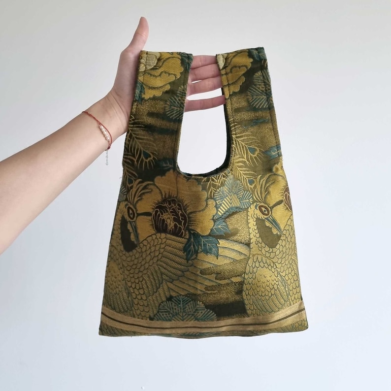 Japanese Handbag Made From Vintage Kimono Obi Belt, Sacoche Tote Shoulder, Silk, Green zdjęcie 1