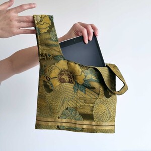 Japanese Handbag Made From Vintage Kimono Obi Belt, Sacoche Tote Shoulder, Silk, Green zdjęcie 5