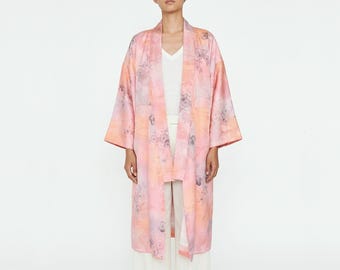Dusty Rose Silk Haori Robe | Vintage Japanese Kimono Cardigan, Floral Yuzen Painting