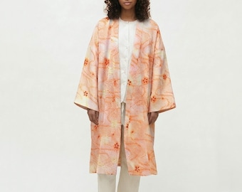Amber Orange Silk Kimono Coat | Vintage Japanese Shibori Haori Robe, Handcrafted Silk Cardigan