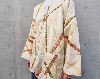 Japanese Quilt Jacket Made From Vintage Kimono, Oversized Padded Liner, Hanten Haori Coat, Silk, Woman Unisex, Ecru