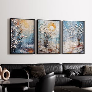 Empâtement peinture fleurs ensemble de 3 affiches art imprimable numérique impressions florales ensemble de 3 pièces fleur toile couteau à palette texturé art 3D