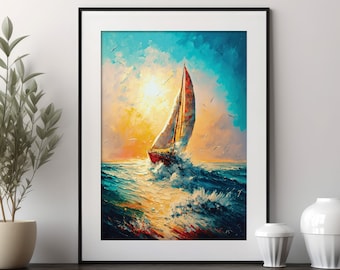 May include: A framed painting depicting a sailboat sailing on a blue ocean with a bright orange sunset in the background.