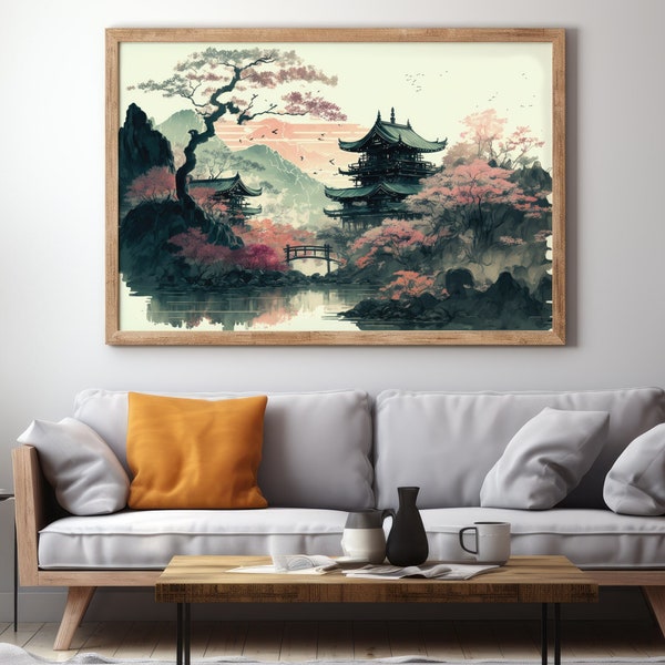 Japanese Wall Art Ink Painting Landscape | Digital Printable Art Instant Download Print | Asian Wall Art Pastel Painting Colors | Home Decor