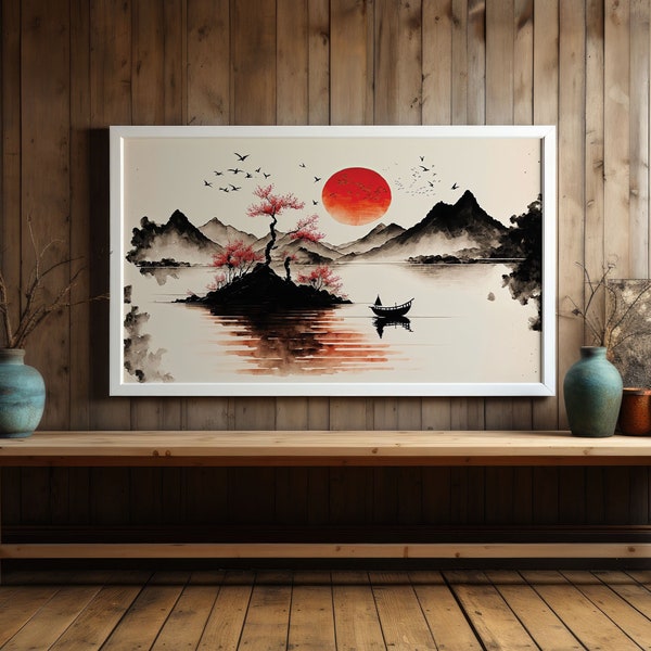 Japanese Minimal Art Landscape Digital Print Instant Download Asian Printable Wall Art Sumi-e Ink Painting Japan Décor Poster Mountain Art