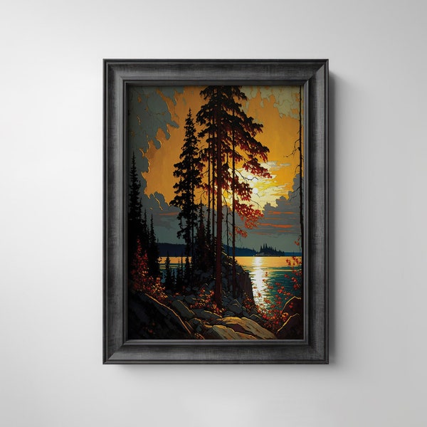 Tom Thomson Jack Pine Trees Autumn Clipart Before Sunset Landscape Digital Printable Art Instant Download Rustic Wall Art Decor Oil Painting