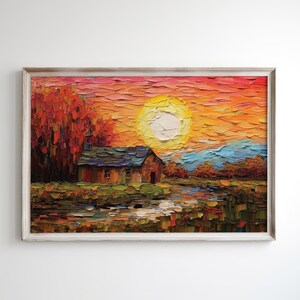 Ländliche Landschaft Ackerland Sonnenaufgang Gemälde Druck Digitaler Download druckbare Wand Kunst Sofortiger Download Strukturierte Kunst Spachtel Impasto Art