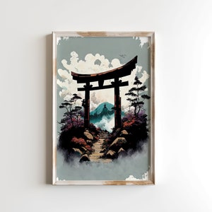 May include: A digital painting of a traditional Japanese torii gate, a bright red structure with a curved roof, standing in front of a mountain landscape. The gate is surrounded by lush greenery and clouds, creating a serene and mystical atmosphere.