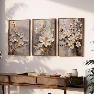 Conjunto de 3 flores brancas 3d, arte digital para impressão, estampas florais, tintas acrílicas, arte texturizada, minimalista, flores brancas, arte de parede de outono