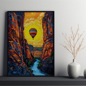 May include: A colorful hot air balloon floats above a canyon with a river running through it. The sky is a vibrant yellow with clouds. The canyon walls are a mix of red, orange, and brown.