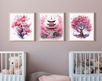 Acquerello Tempio della Pagoda giapponese Arte stampabile digitale Cherry Blossom Tree Set giapponese di 3 poster Stampe d'arte Nursery Wall Art Decor