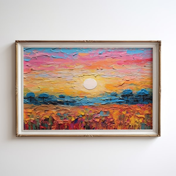 Minimalist Sunset Abstract Oil Painting Landscape Digital Print Instant Download Palette Knife Impasto Textured Living Room Wall Art Decor