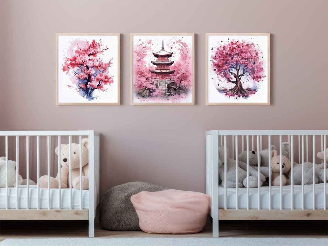 Watercolor Japanese Pagoda Temple Digital Printable Art Cherry Blossom ...