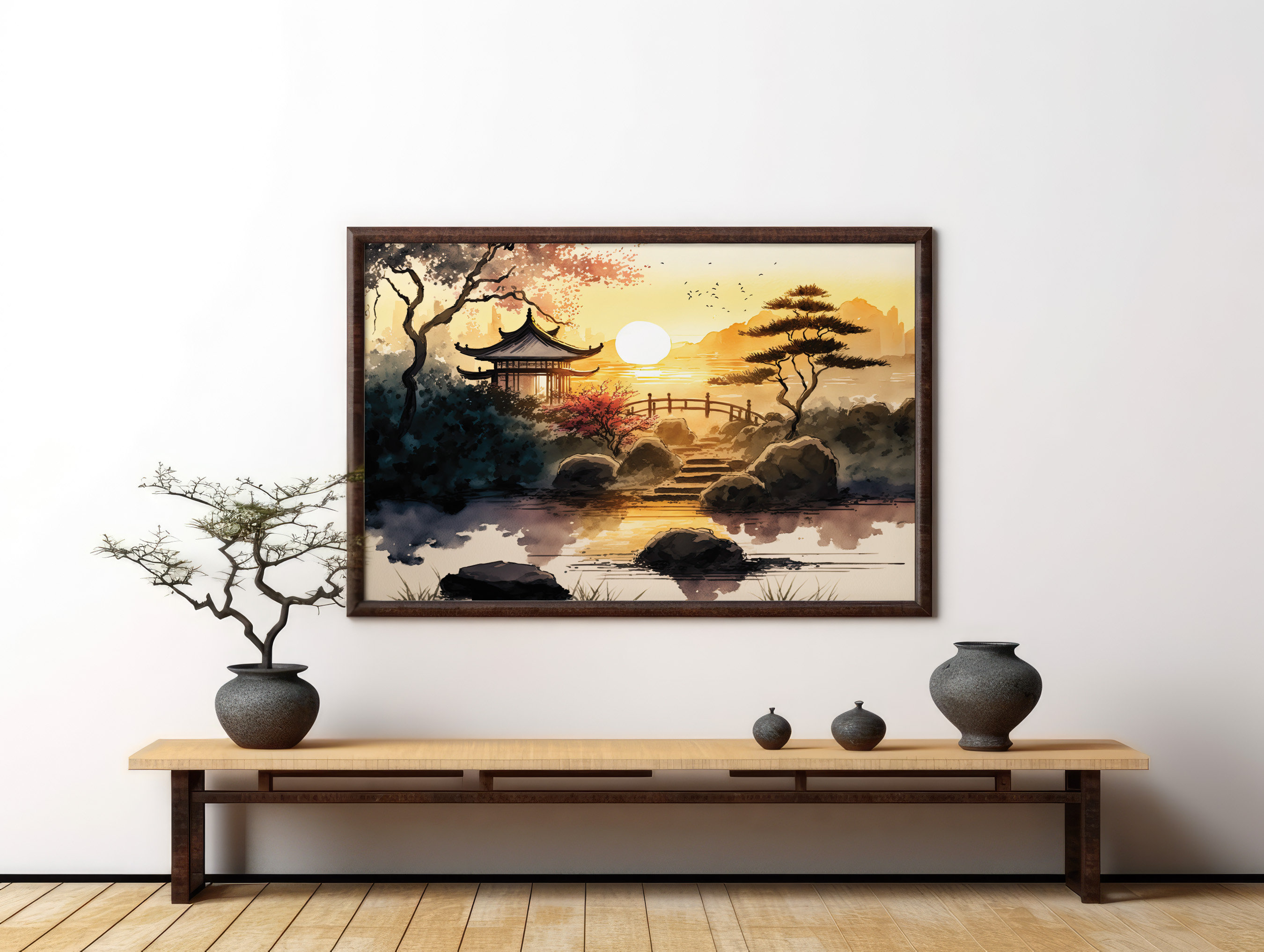 Japanese Zen Garden Wall Art Watercolor Landscape Print Digital ...